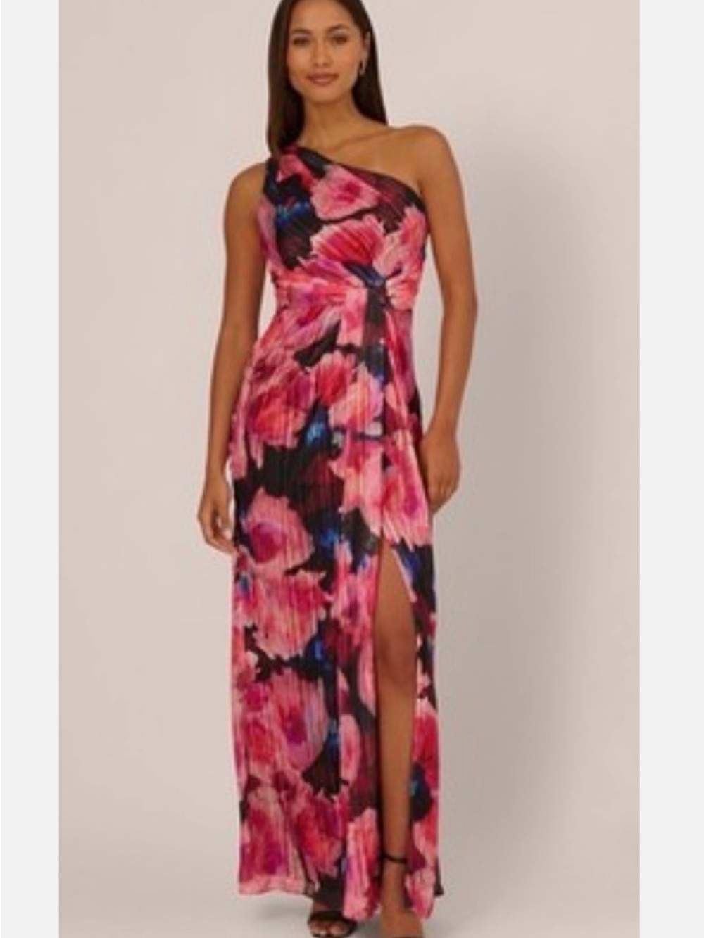 New Adrianna Papell One-Shoulder Black Floral Gown Size 12